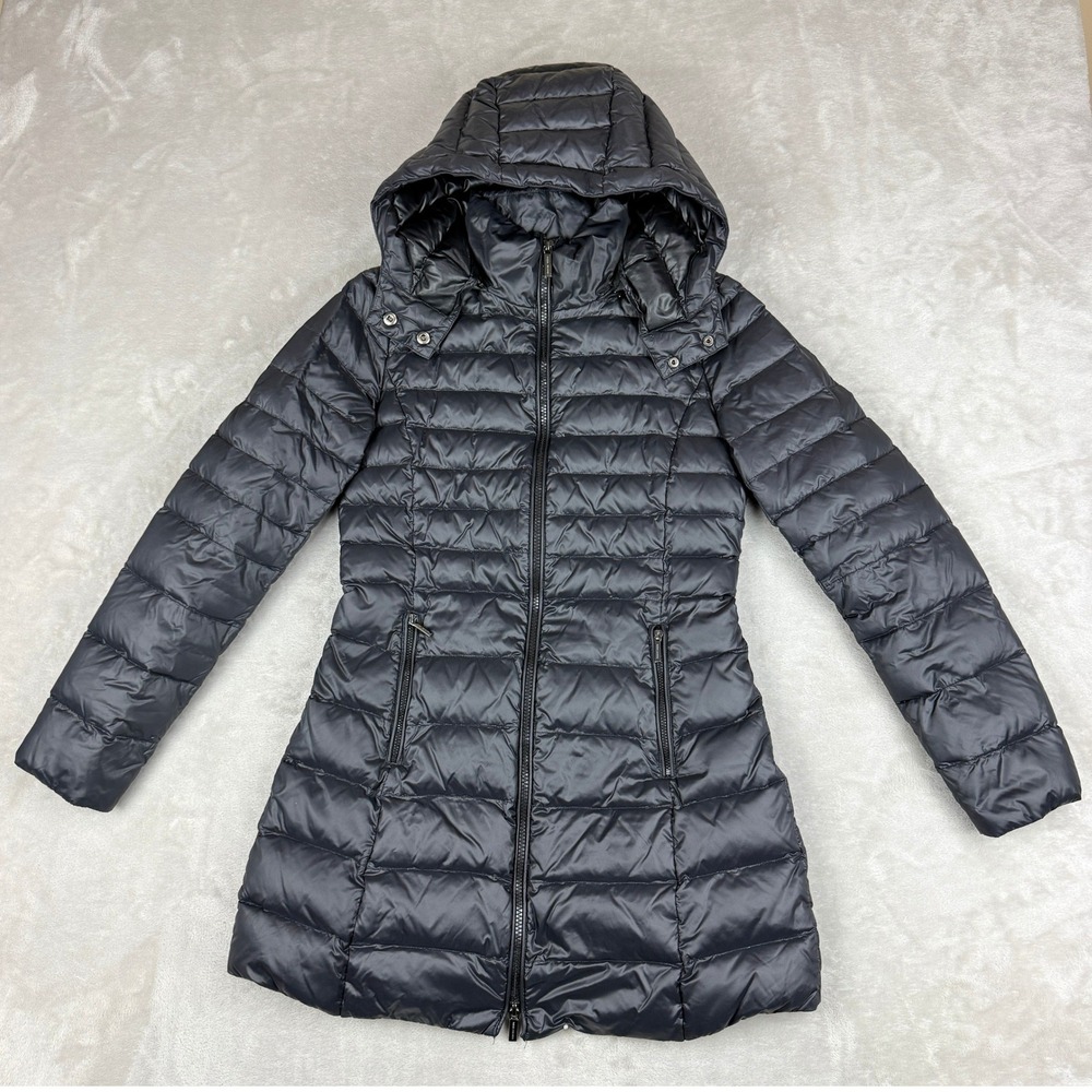 Armani Exchange Puffer Down Jacket Womens S Black Hooded Slim Coat Luxury EUC